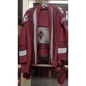 Womens Light Weight Sweater/Wrap BOHO  Open Front Medium Aztec Pattern Maroon